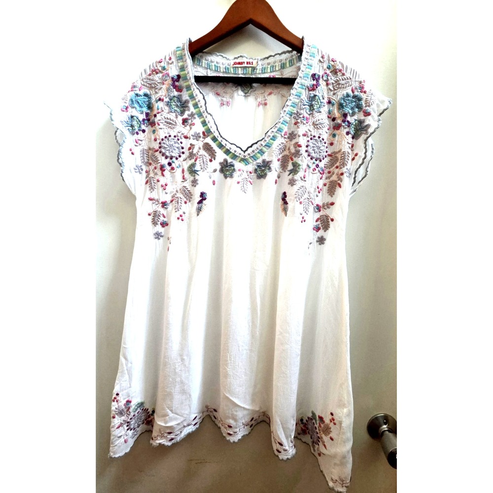 Johnny Was M Casey Bell Sleeve Tunic Cover-up Embroid White Crinkle Rayon Dress